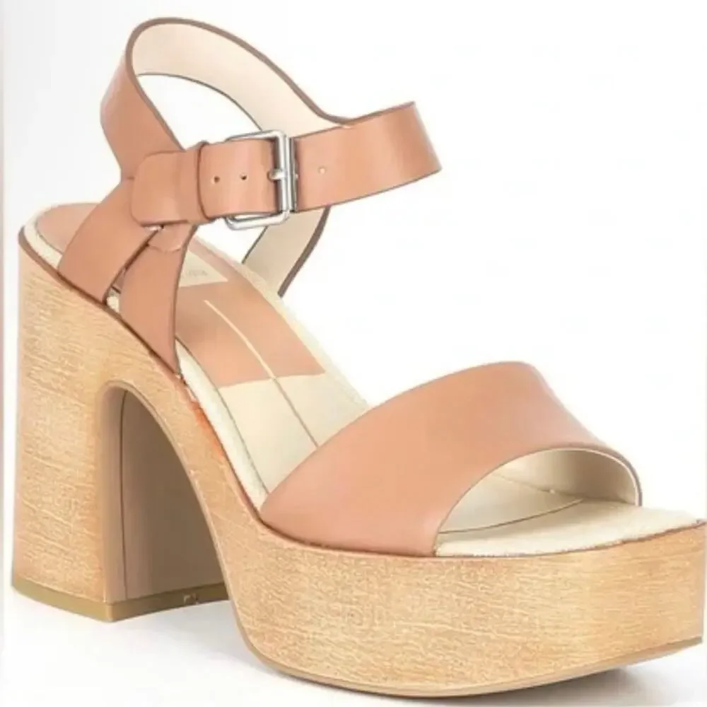 Dolce Vita Wallis Tan Leather Chunky Platform Heels Sandals Retro Festival Sz 9 - Picture 2 of 9
